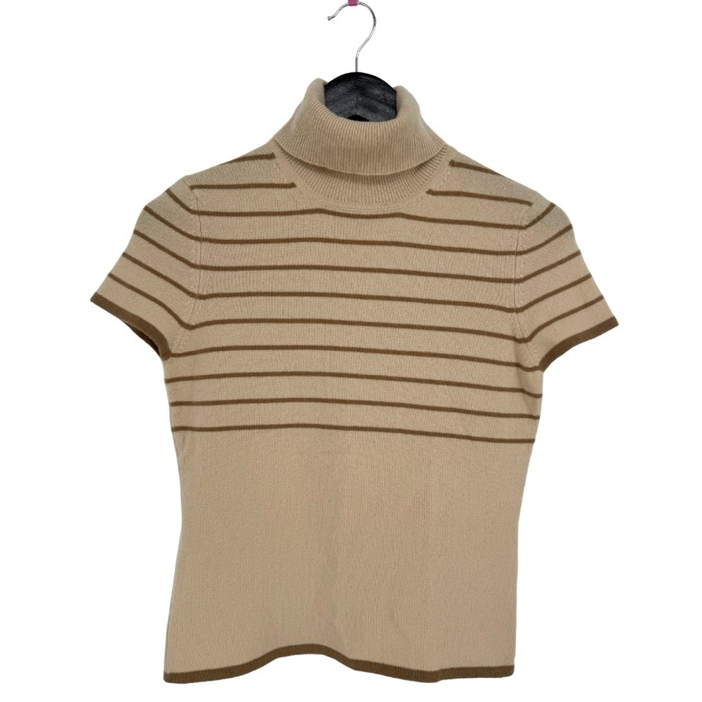 TSE Stripe Short Sleeve Cashmere Turtleneck Sweater Neutral Tan Brown Small